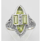 Detail view of Antique Style Four Stone Peridot and Diamond Ring highlighting Diamond, Peridot