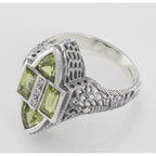 Back view of Antique Style Four Stone Peridot and Diamond Ring showing 925 sterling silver hallmark