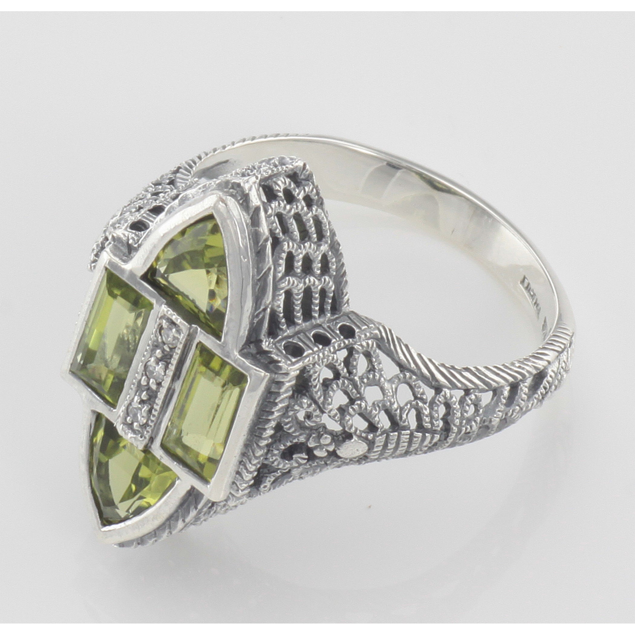 Back view of Antique Style Four Stone Peridot and Diamond Ring showing 925 sterling silver hallmark