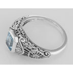 Back view of Victorian Style Blue Topaz Filigree Ring Floral Design Sterling Silver showing 925 sterling silver hallmark