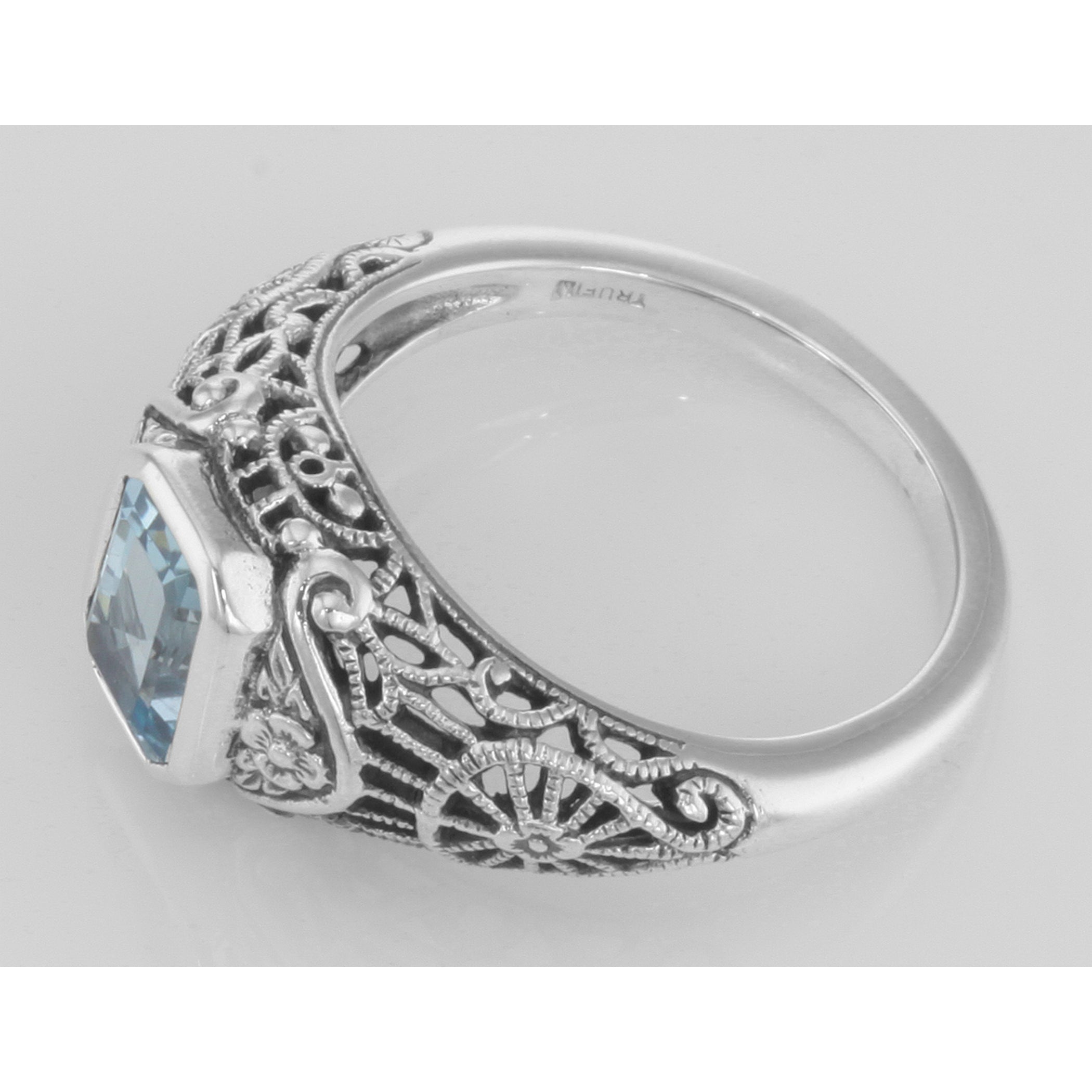 Back view of Victorian Style Blue Topaz Filigree Ring Floral Design Sterling Silver showing 925 sterling silver hallmark