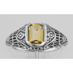Back view of Victorian Style Citrine Filigree Ring with Floral Design showing 925 sterling silver hallmark