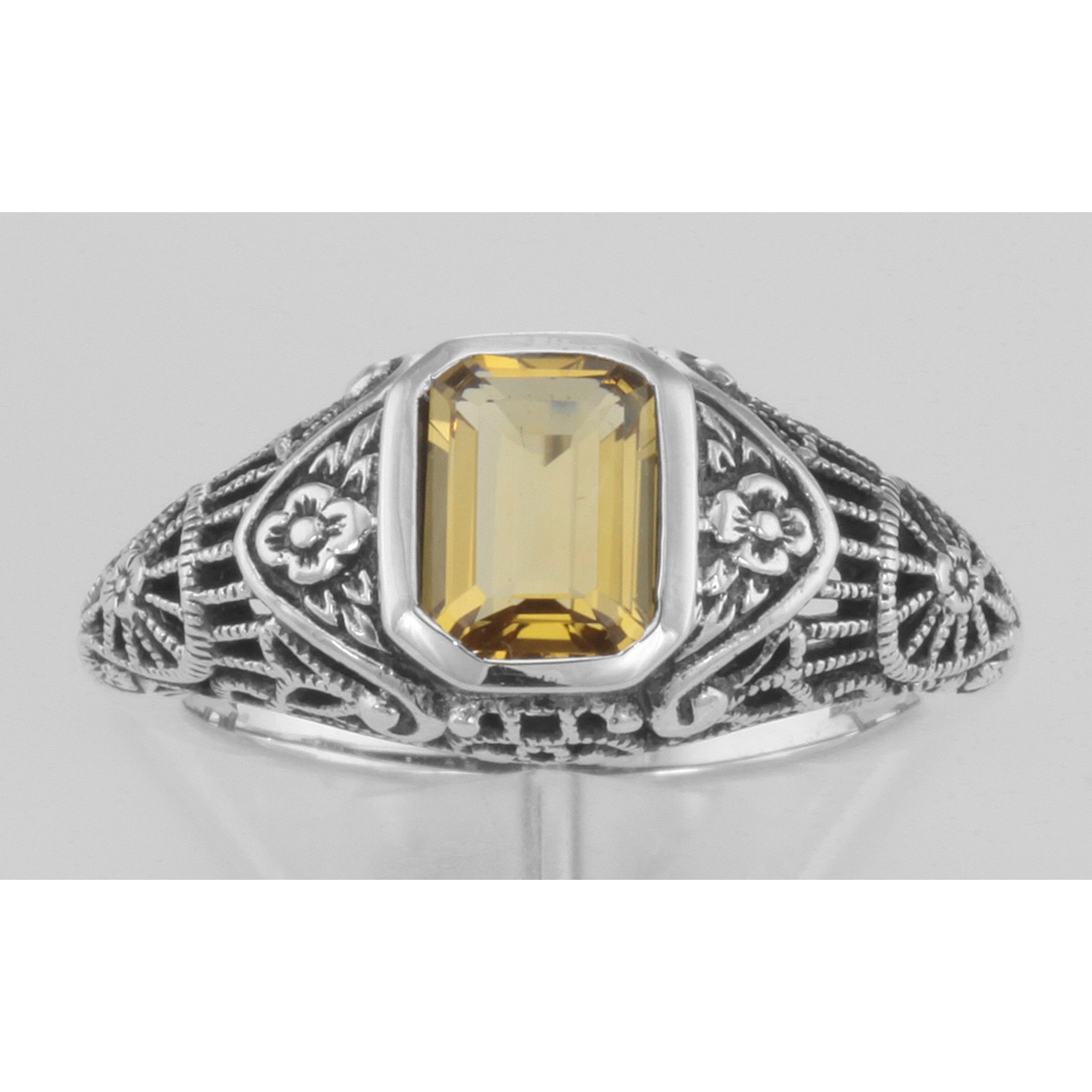 Back view of Victorian Style Citrine Filigree Ring with Floral Design showing 925 sterling silver hallmark