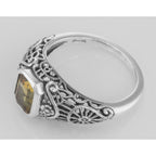 Detail view of Victorian Style Citrine Filigree Ring with Floral Design highlighting Citrine