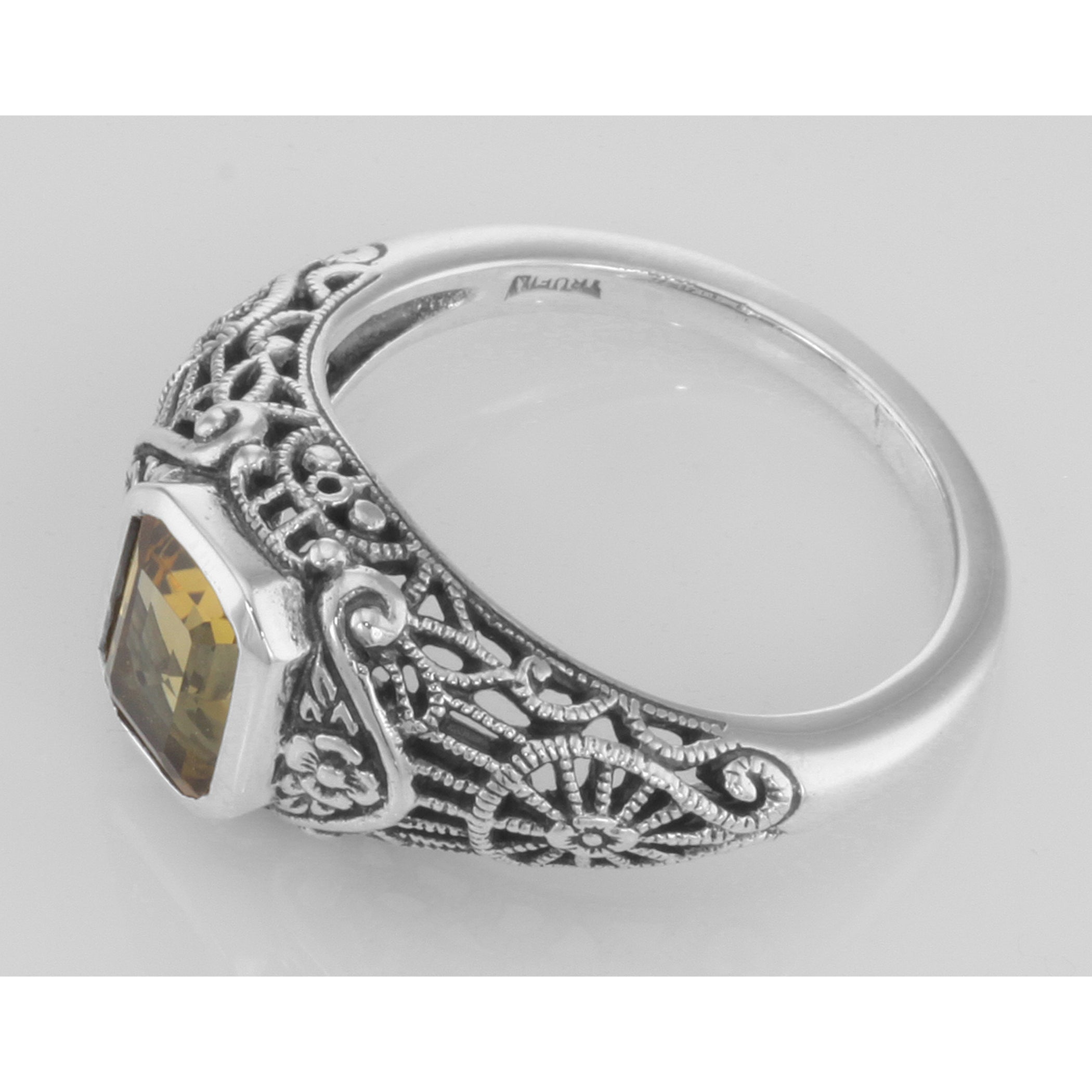 Detail view of Victorian Style Citrine Filigree Ring with Floral Design highlighting Citrine