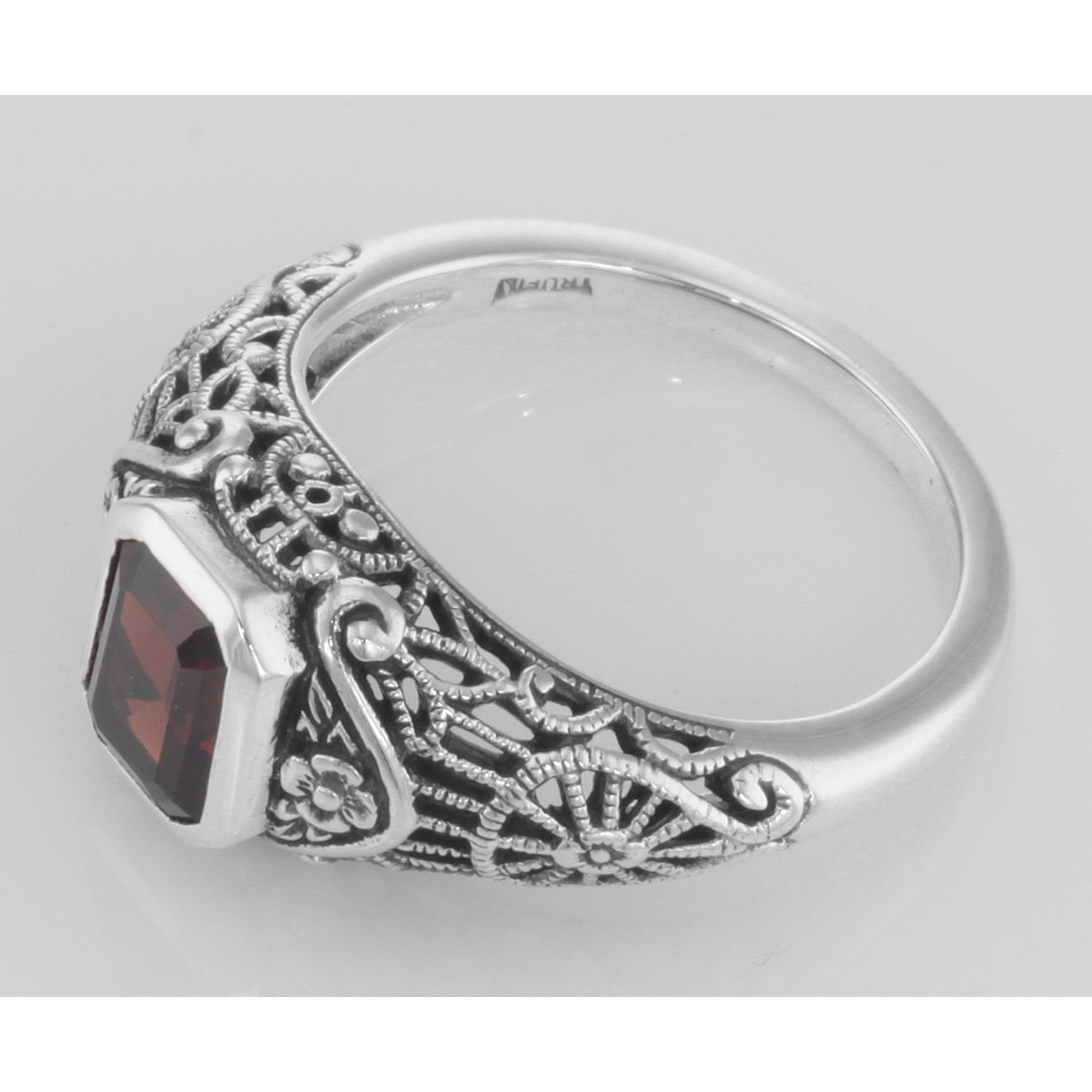 Back view of Victorian Style Garnet Filigree Ring with Floral Design showing 925 sterling silver hallmark