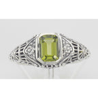 Back view of Victorian Style Peridot Filigree Ring with Floral Design showing 925 sterling silver hallmark