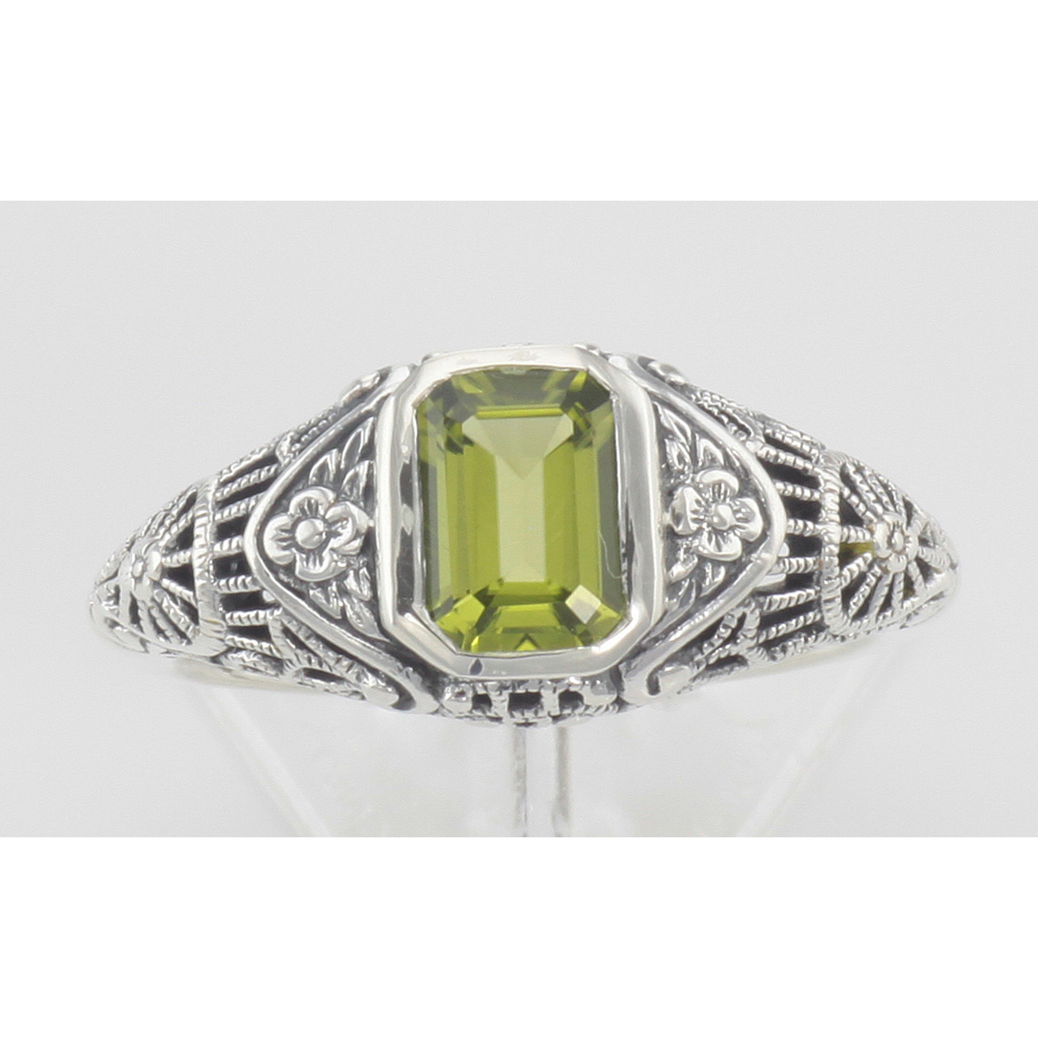 Back view of Victorian Style Peridot Filigree Ring with Floral Design showing 925 sterling silver hallmark