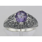 Detail view of Victorian Style Genuine Amethyst Solitaire Filigree Ring highlighting Amethyst