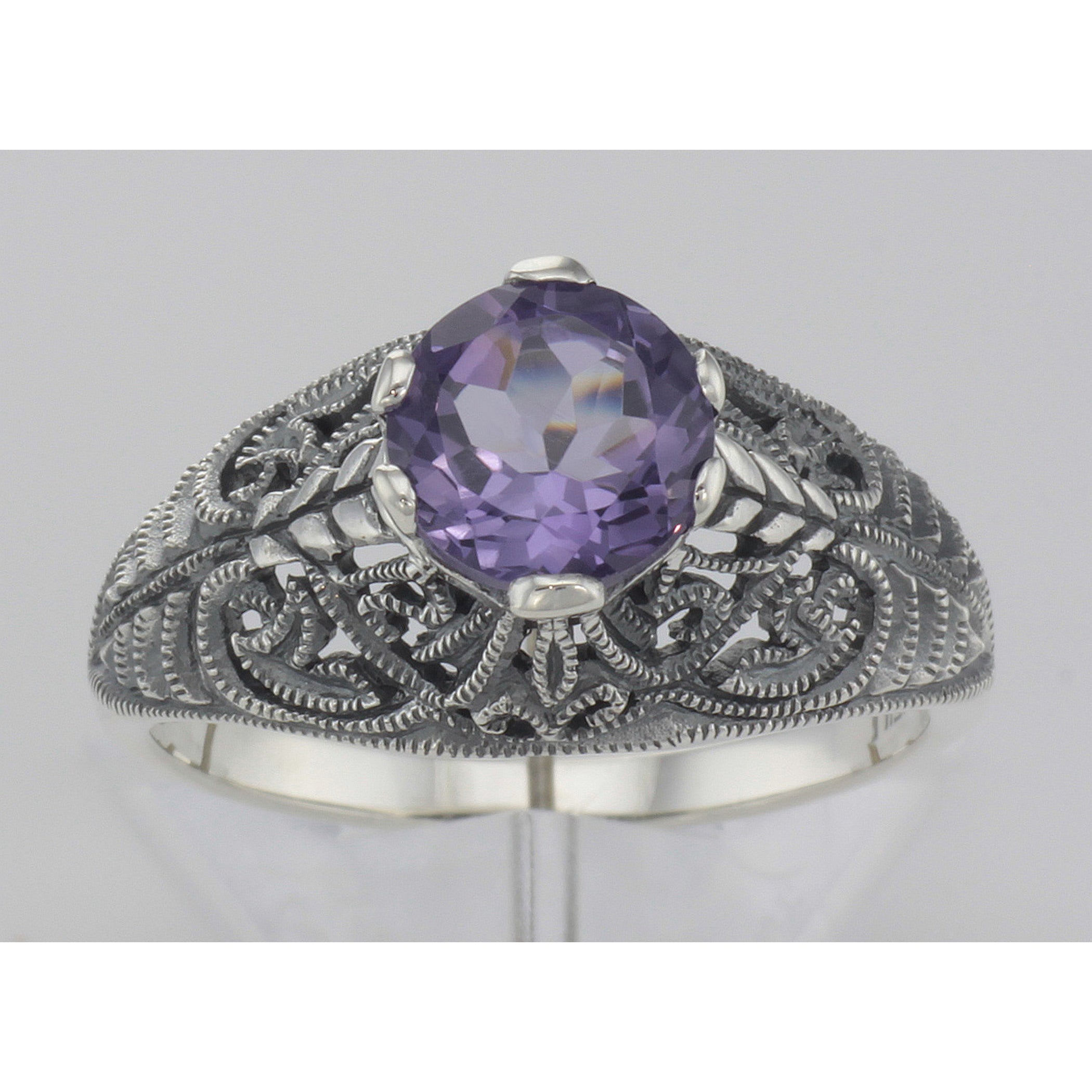 Detail view of Victorian Style Genuine Amethyst Solitaire Filigree Ring highlighting Amethyst