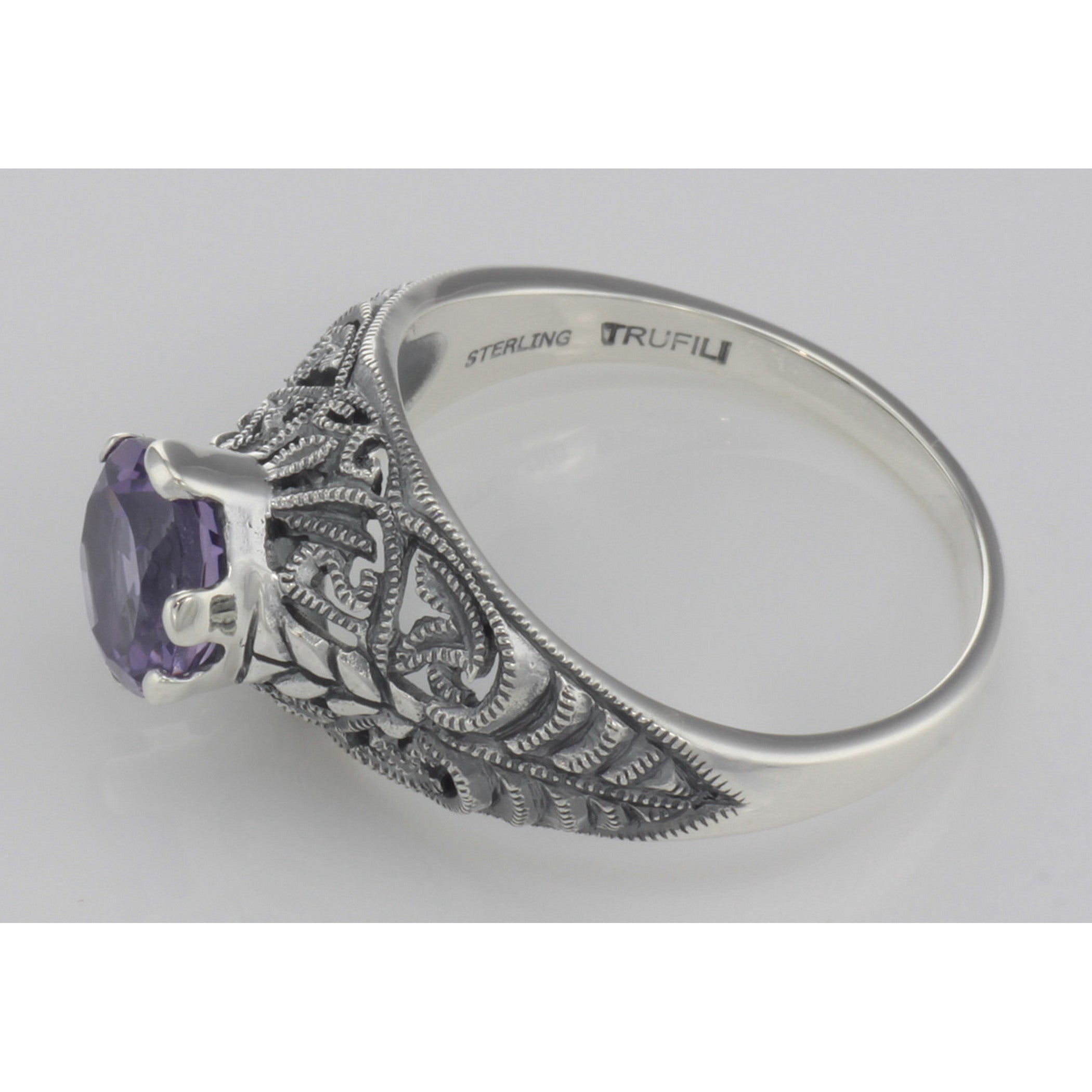Back view of Victorian Style Genuine Amethyst Solitaire Filigree Ring showing 925 sterling silver hallmark