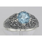 Detail view of Victorian Style Genuine Blue Topaz Solitaire Filigree Ring Sterling Silver highlighting Blue Topaz