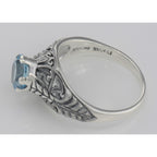 Back view of Victorian Style Genuine Blue Topaz Solitaire Filigree Ring Sterling Silver showing 925 sterling silver hallmark