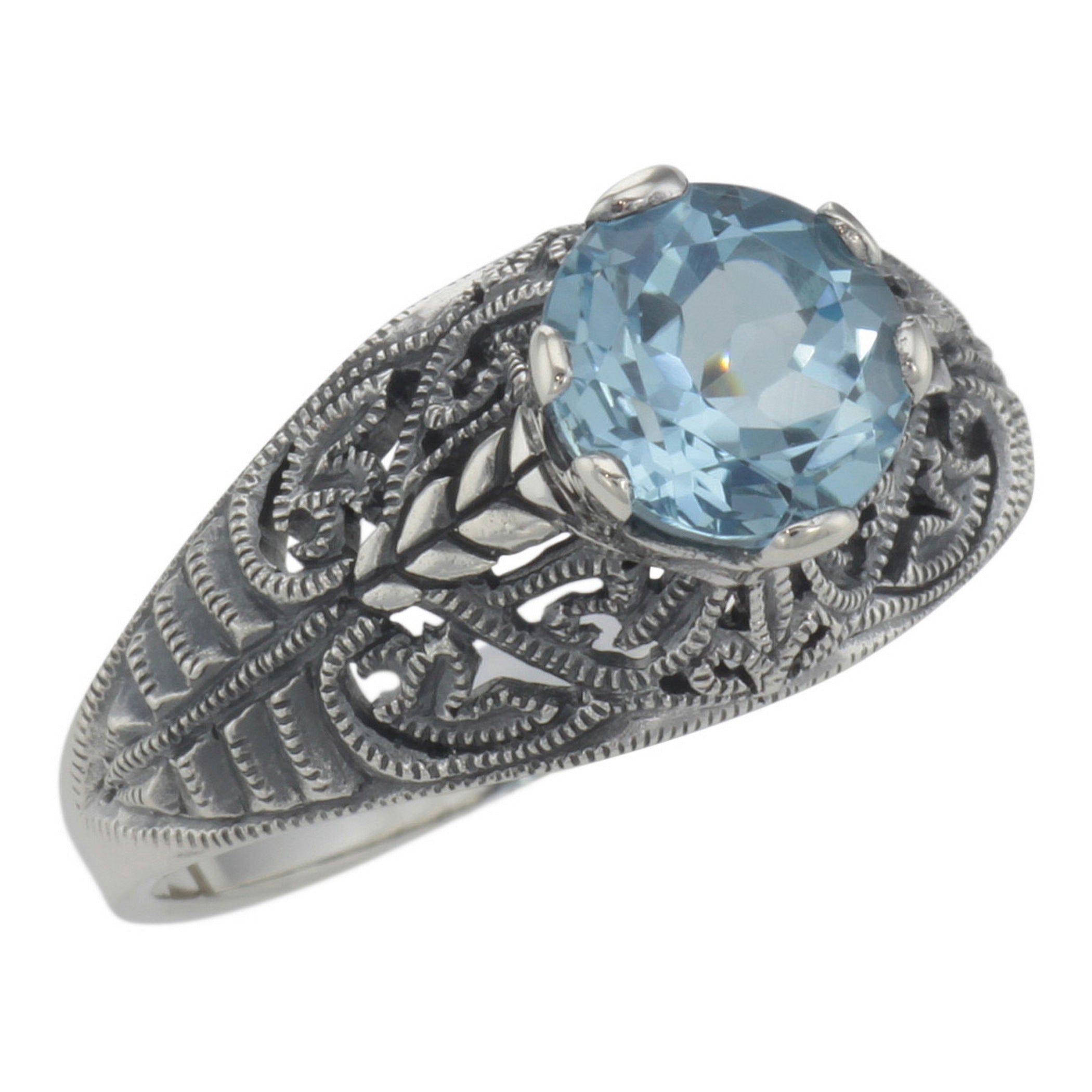 Victorian style, Blue Topaz, sterling silver rings, front view
