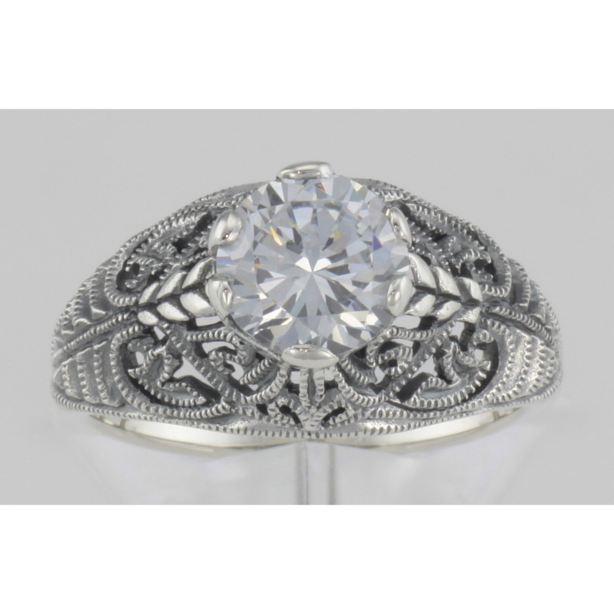 Detail view of Classic Victorian Style Cubic Zirconia Filigree Ring highlighting Cubic Zirconia