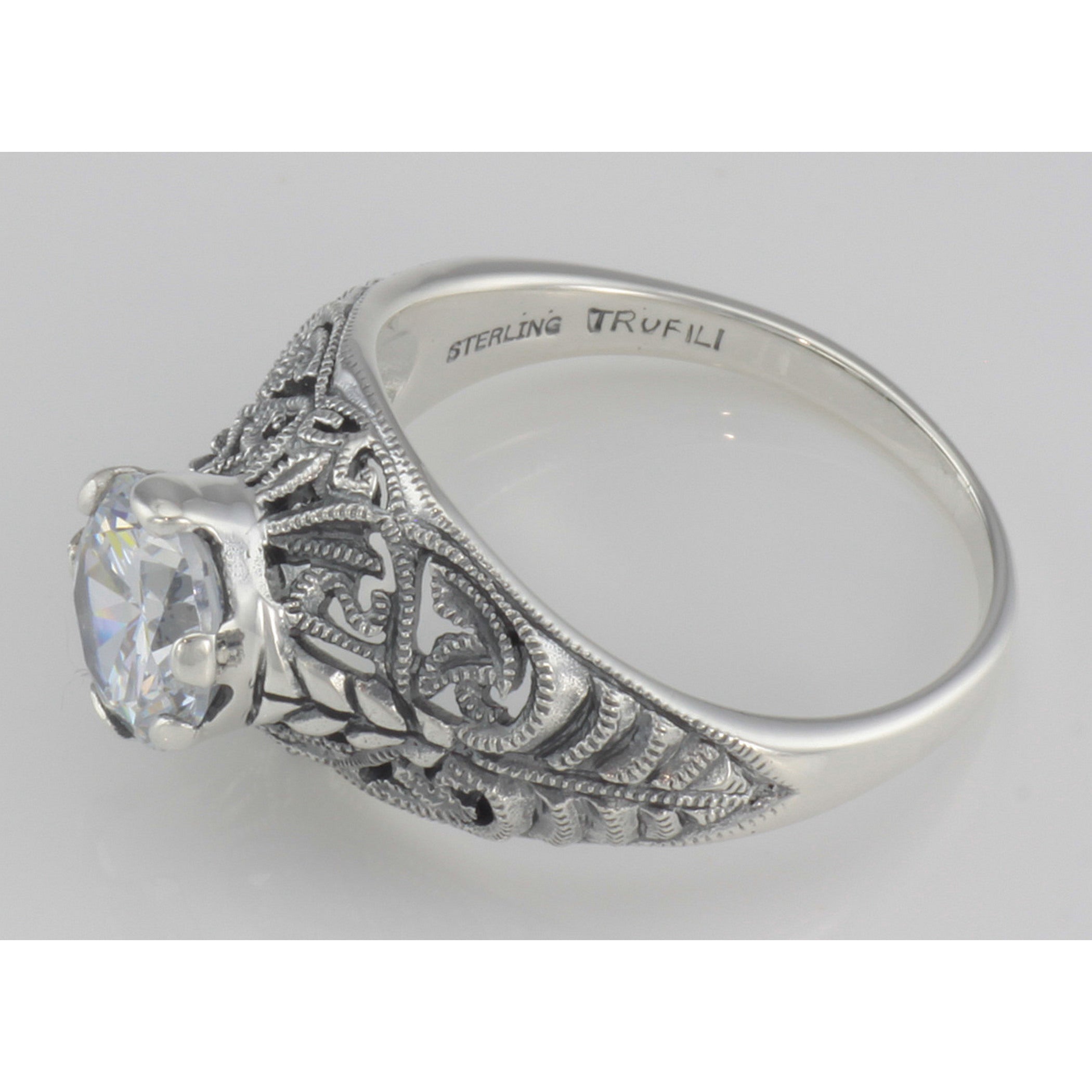 Back view of Classic Victorian Style White Topaz Filigree Ring showing 925 sterling silver hallmark