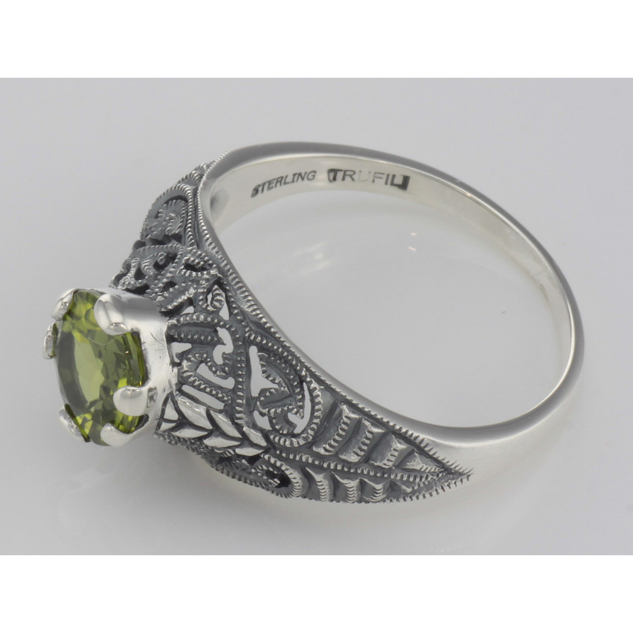 Back view of Victorian Style Genuine Peridot Solitaire Filigree Ring showing 925 sterling silver hallmark