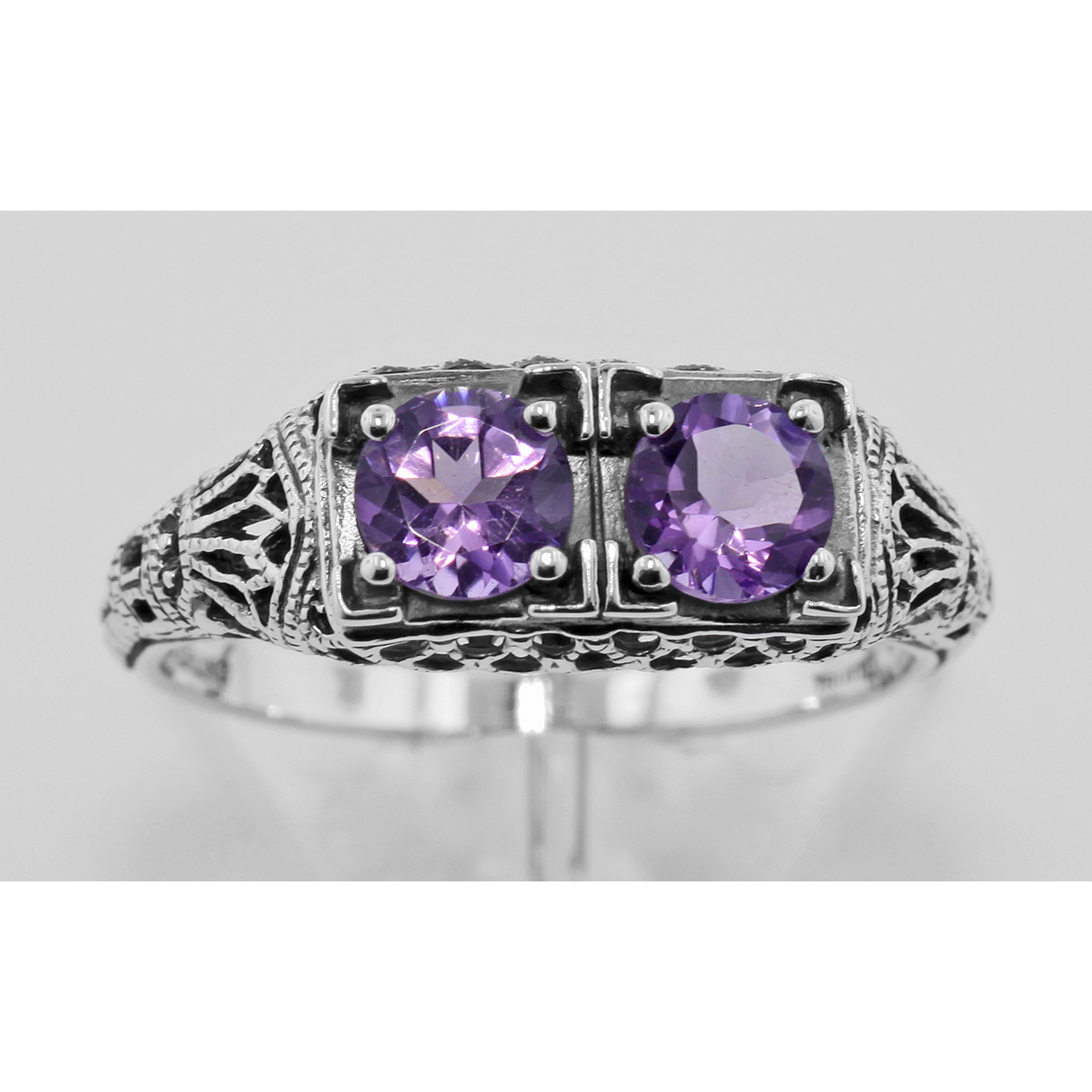 Detail view of Victorian Style Amethyst Filigree Ring Sterling Silver highlighting Amethyst