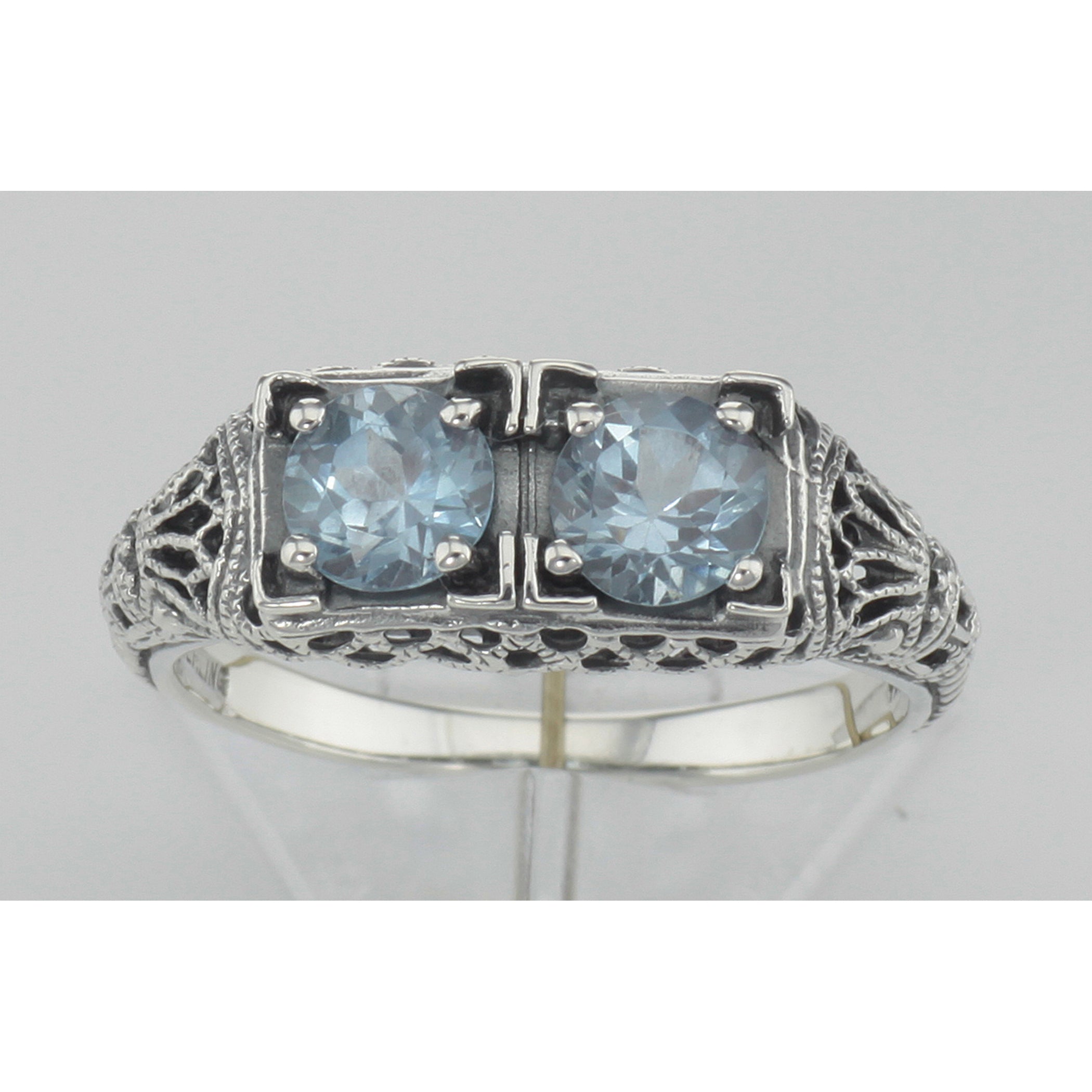 Detail view of Antique Victorian Style Blue Topaz Filigree Ring Sterling highlighting Blue Topaz