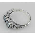 Back view of Antique Victorian Style Blue Topaz Filigree Ring Sterling showing 925 sterling silver hallmark