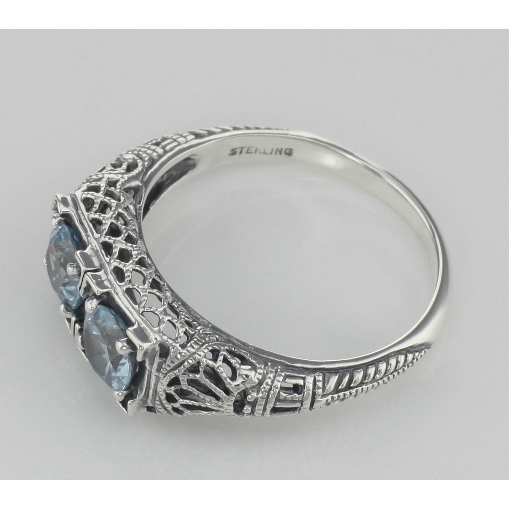 Back view of Antique Victorian Style Blue Topaz Filigree Ring Sterling showing 925 sterling silver hallmark