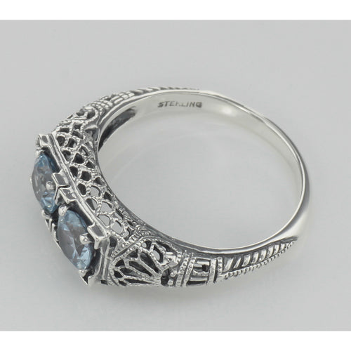 Back view of Antique Victorian Style Blue Topaz Filigree Ring Sterling showing 925 sterling silver hallmark