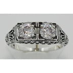 Detail view of Art Deco Filigree Two Stone CZ Ring highlighting CZ