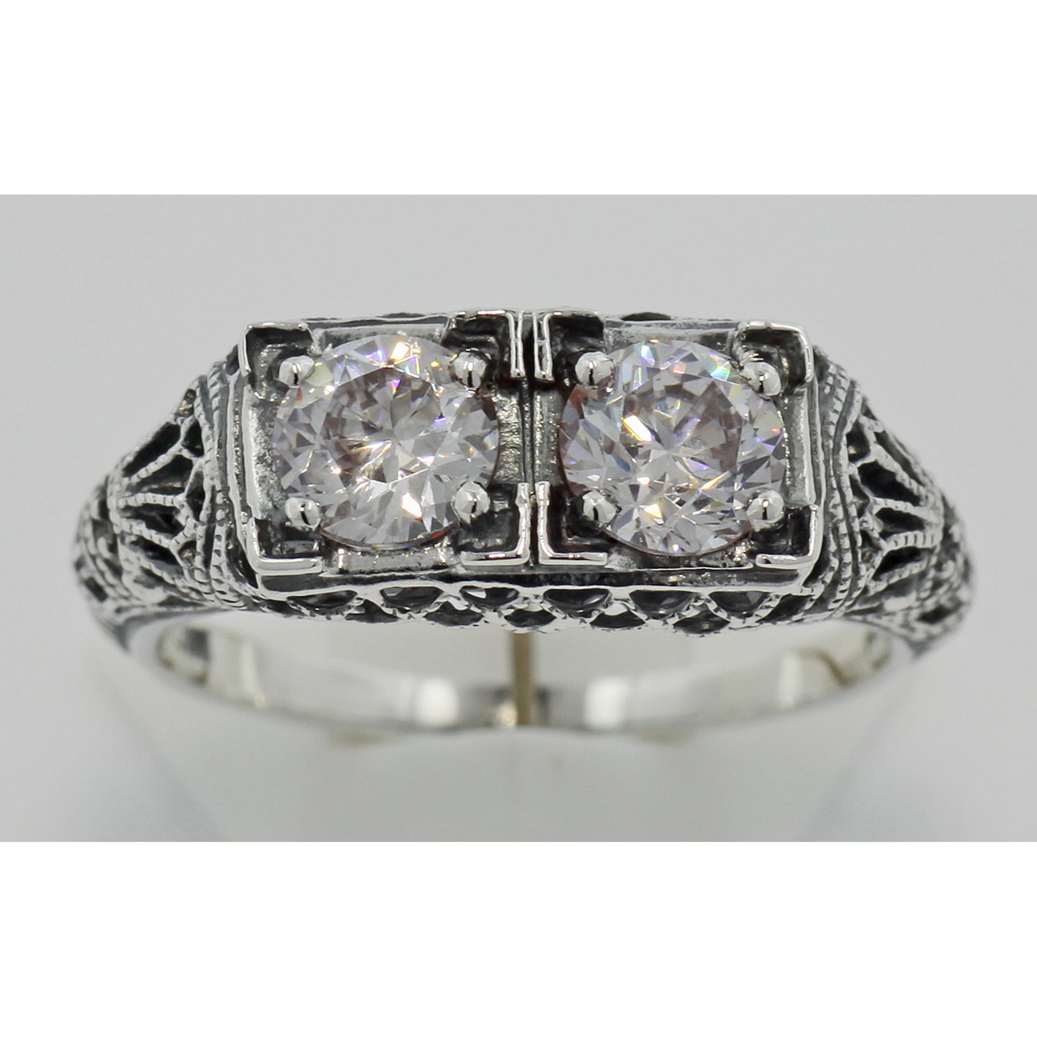 Detail view of Art Deco Filigree Two Stone CZ Ring highlighting CZ