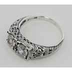Back view of Art Deco Filigree Two Stone CZ Ring showing 925 sterling silver hallmark
