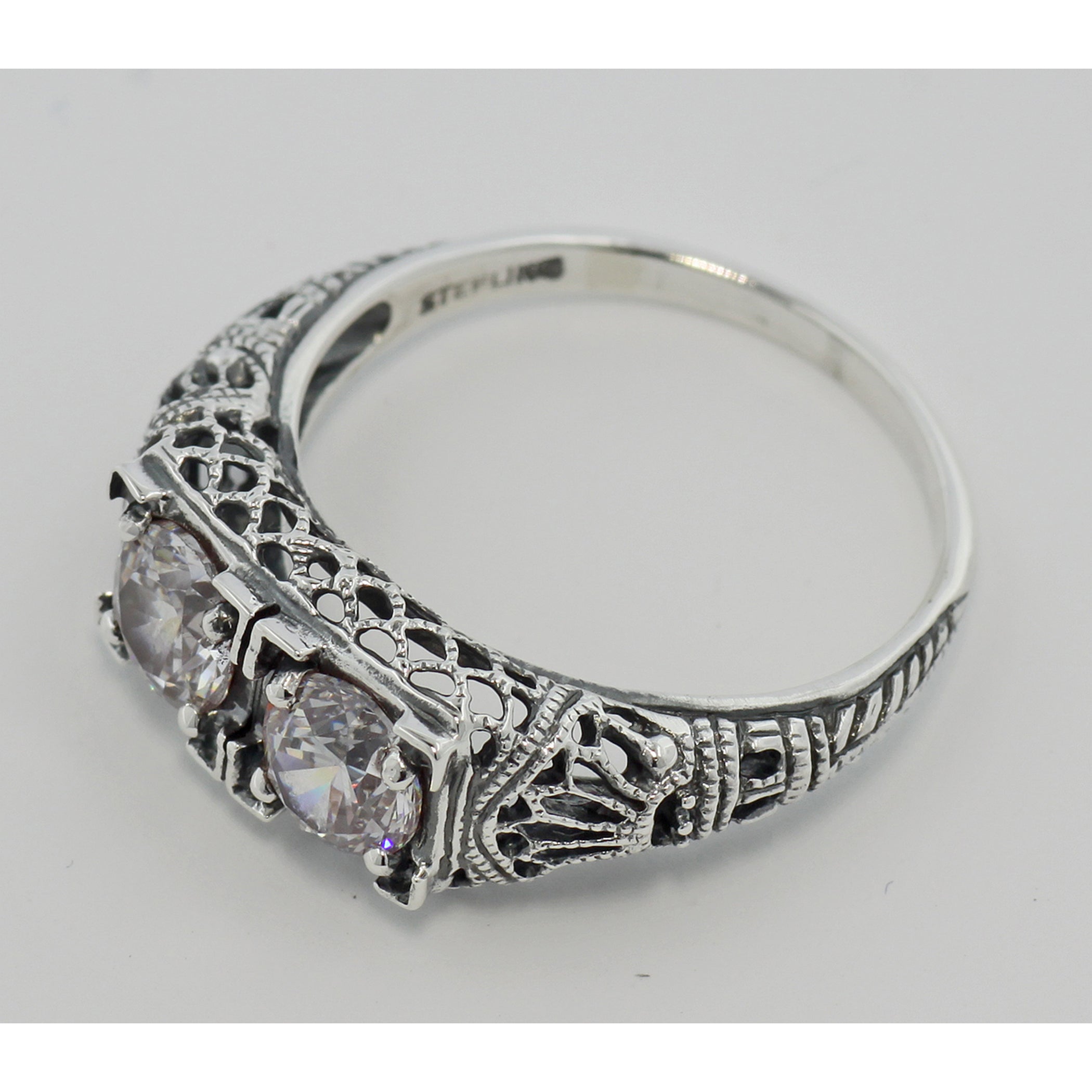 Back view of Art Deco Filigree Two Stone CZ Ring showing 925 sterling silver hallmark