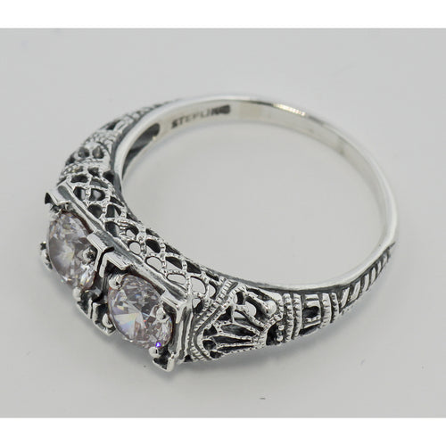 Back view of Art Deco Filigree Two Stone CZ Ring showing 925 sterling silver hallmark