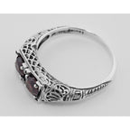 Back view of Antique Style Garnet Filigree Ring showing 925 sterling silver hallmark