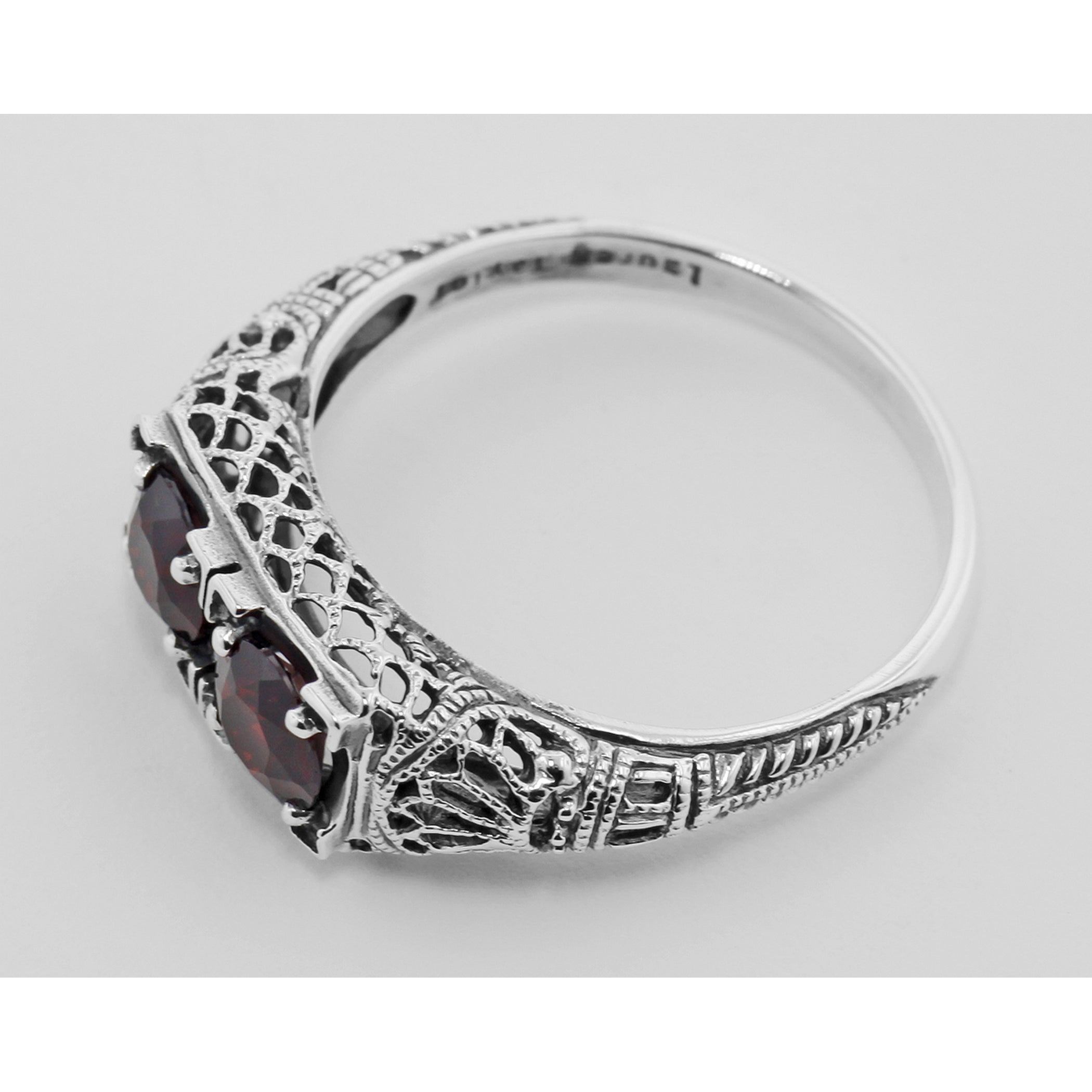 Back view of Antique Style Garnet Filigree Ring showing 925 sterling silver hallmark