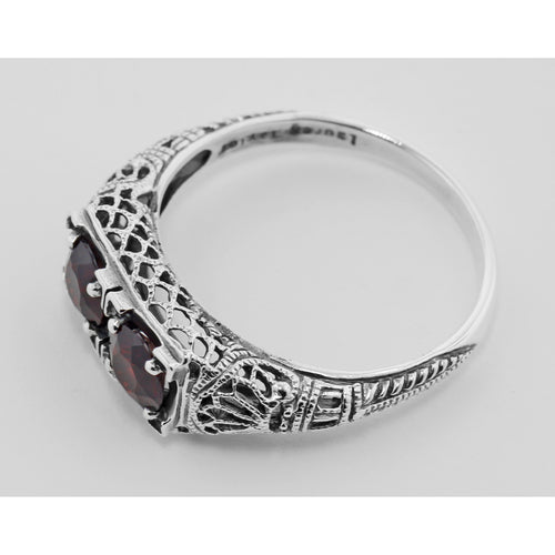 Back view of Antique Style Garnet Filigree Ring showing 925 sterling silver hallmark
