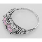 Back view of Beautiful Two Stone Pink CZ Filigree Ring showing 925 sterling silver hallmark and pin back