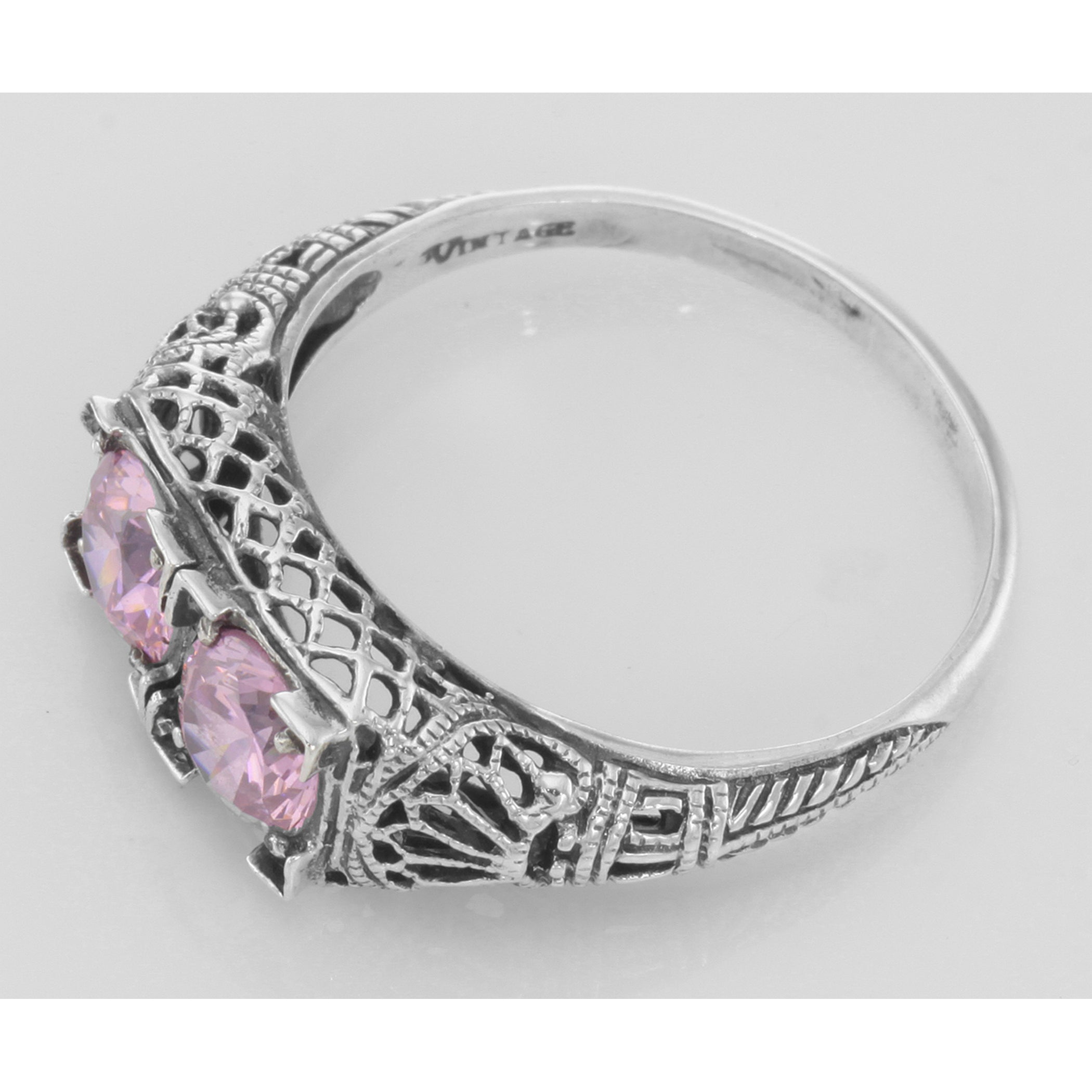 Back view of Beautiful Two Stone Pink CZ Filigree Ring showing 925 sterling silver hallmark and pin back