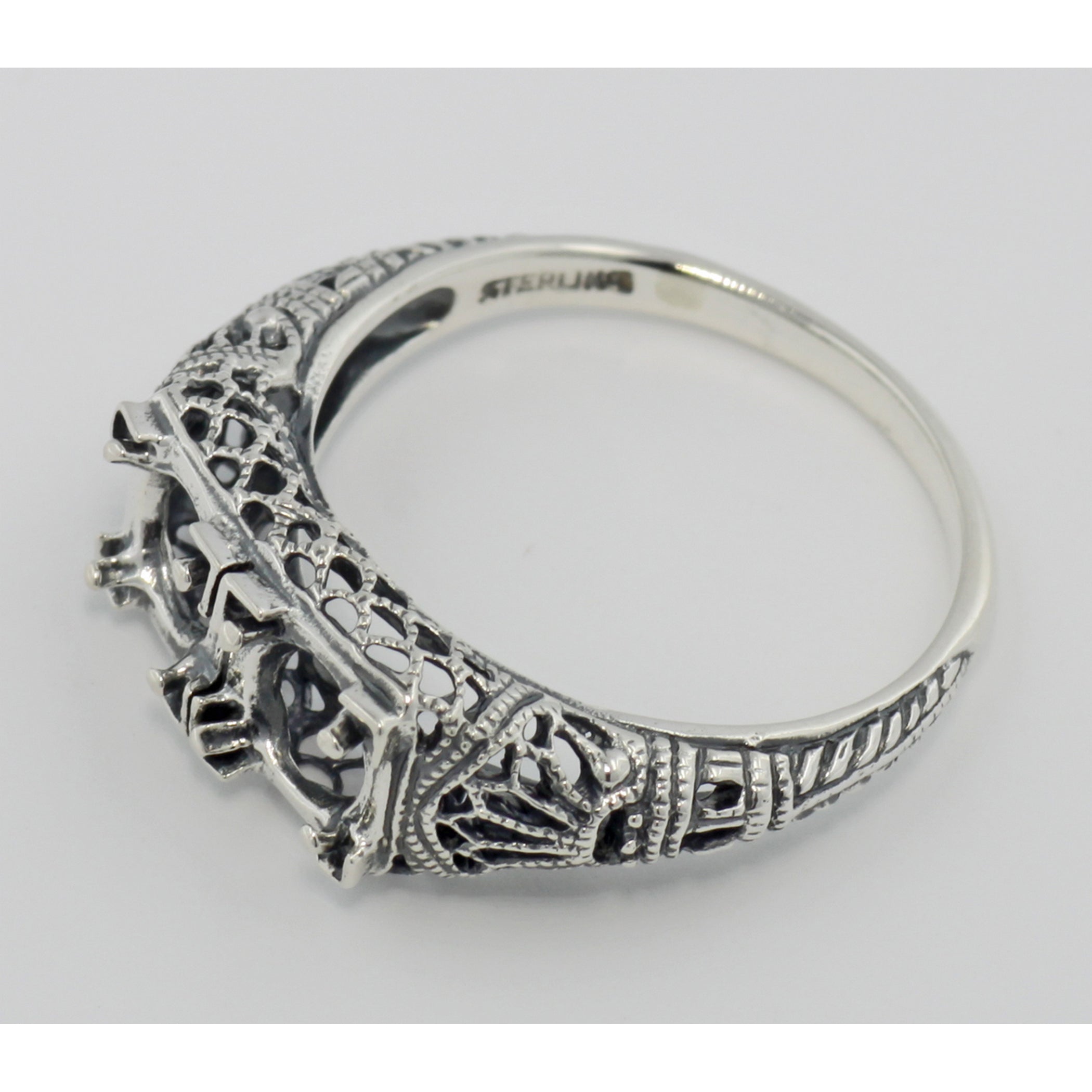 Back view of Art Deco Style Semi Mount Filigree Ring showing 925 sterling silver hallmark