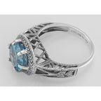 Back view of Victorian Style Blue Topaz Solitaire Ring Sapphire Accents Sterling Silver showing 925 sterling silver hallmark