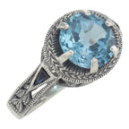 Victorian style, Blue Topaz, Sapphire, sterling silver rings, front view
