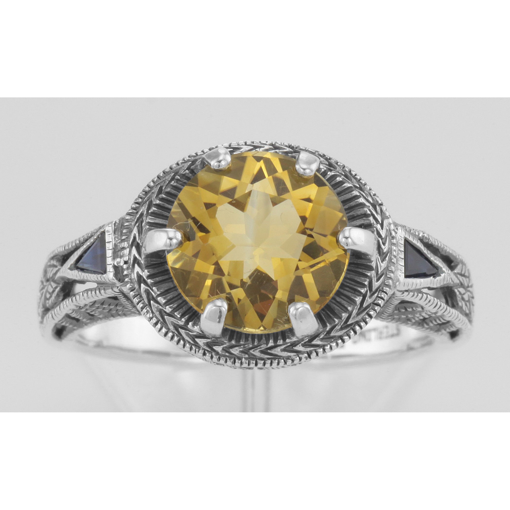 Detail view of Victorian Style Citrine Solitaire Ring Sapphires Accents highlighting Citrine, Sapphire