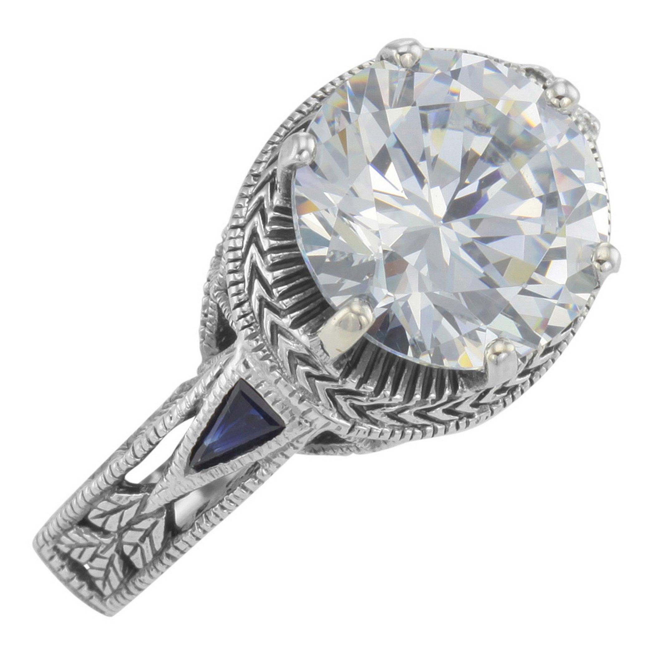 Victorian style, Sapphire, CZ, sterling silver rings, front view