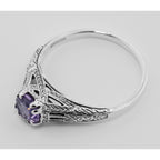 Detail view of Antique Style Purple Amethyst Filigree Solitaire Ring highlighting Amethyst