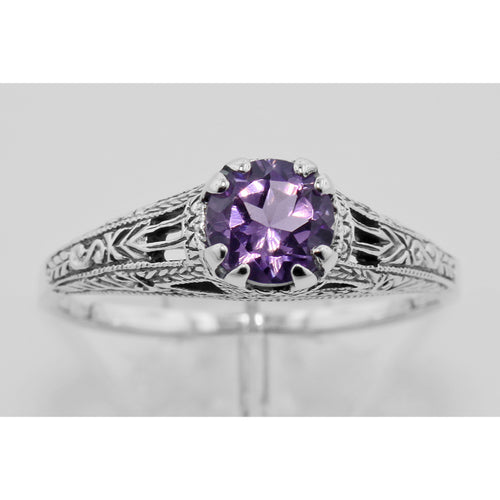 Back view of Antique Style Purple Amethyst Filigree Solitaire Ring showing 925 sterling silver hallmark