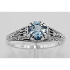 Detail view of Antique Style Genuine Blue Topaz Filigree Ring Sterling Silver highlighting Blue Topaz