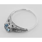 Back view of Antique Style Genuine Blue Topaz Filigree Ring Sterling Silver showing 925 sterling silver hallmark