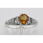 Detail view of Antique Style Golden Yellow Citrine Solitaire Ring Sterling Silver highlighting Citrine