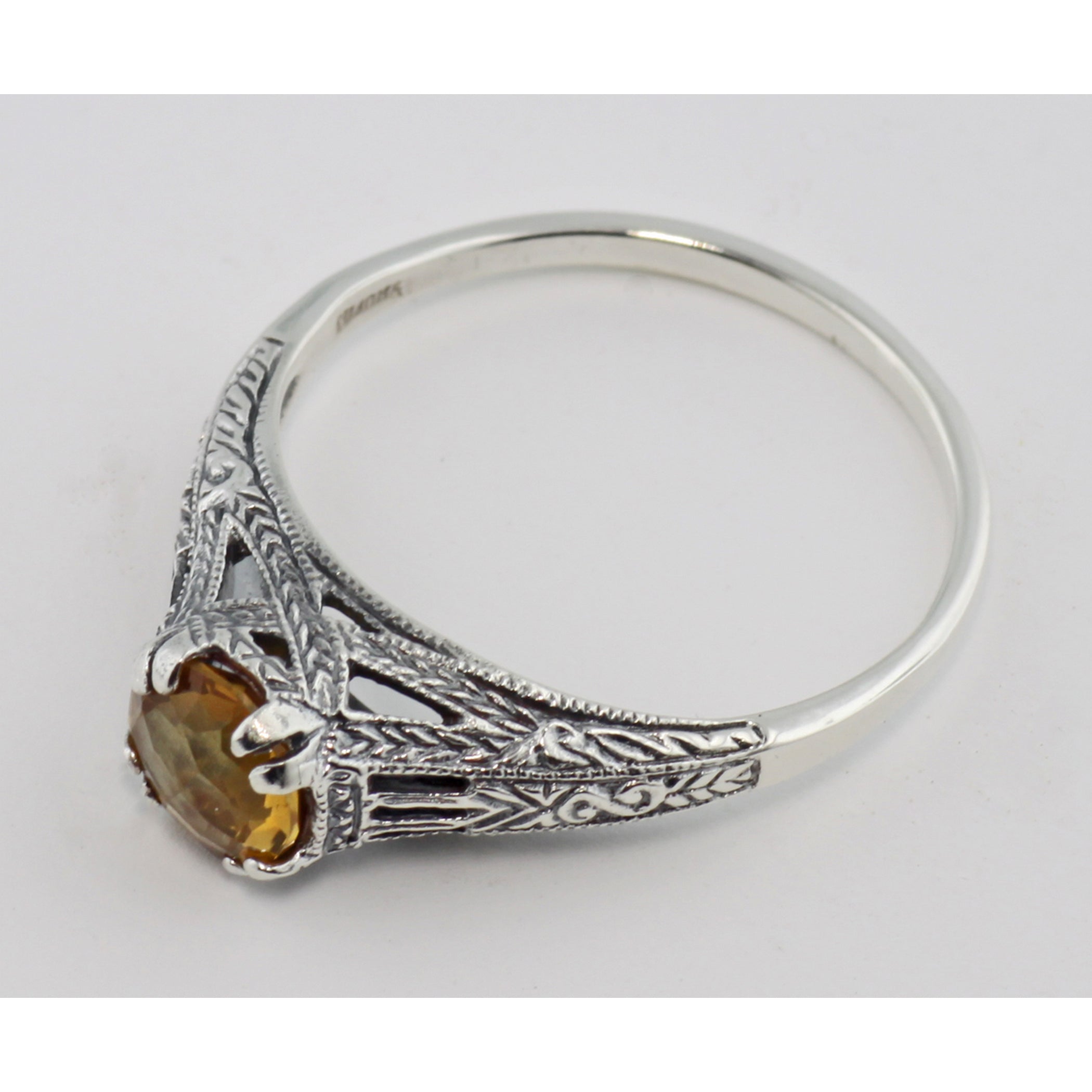 Back view of Antique Style Golden Yellow Citrine Solitaire Ring Sterling Silver showing 925 sterling silver hallmark