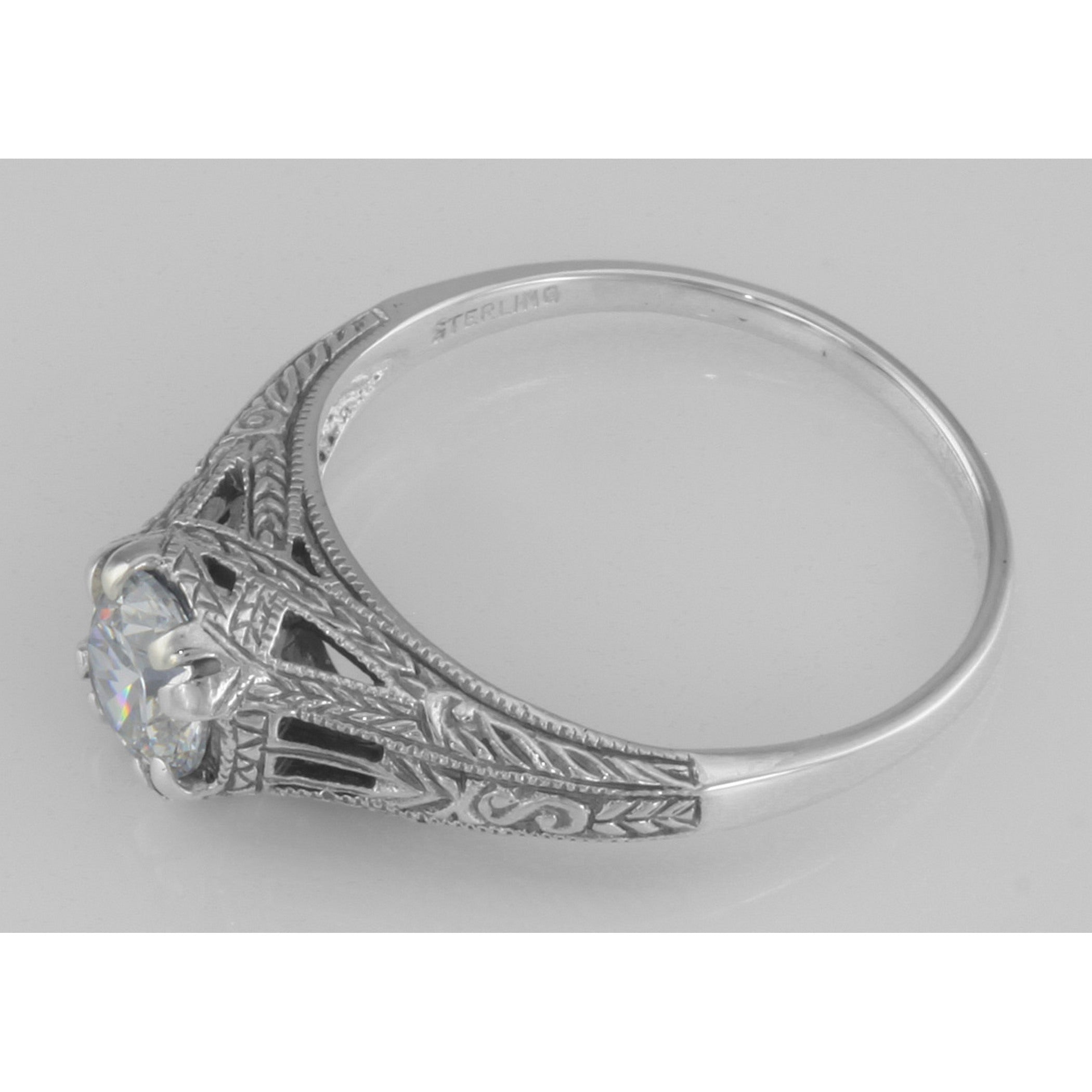 Back view of Antique Style CZ Filigree Solitaire Ring Sterling Silver showing 925 sterling silver hallmark