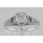 Detail view of Antique Style CZ Filigree Solitaire Ring Sterling Silver highlighting CZ