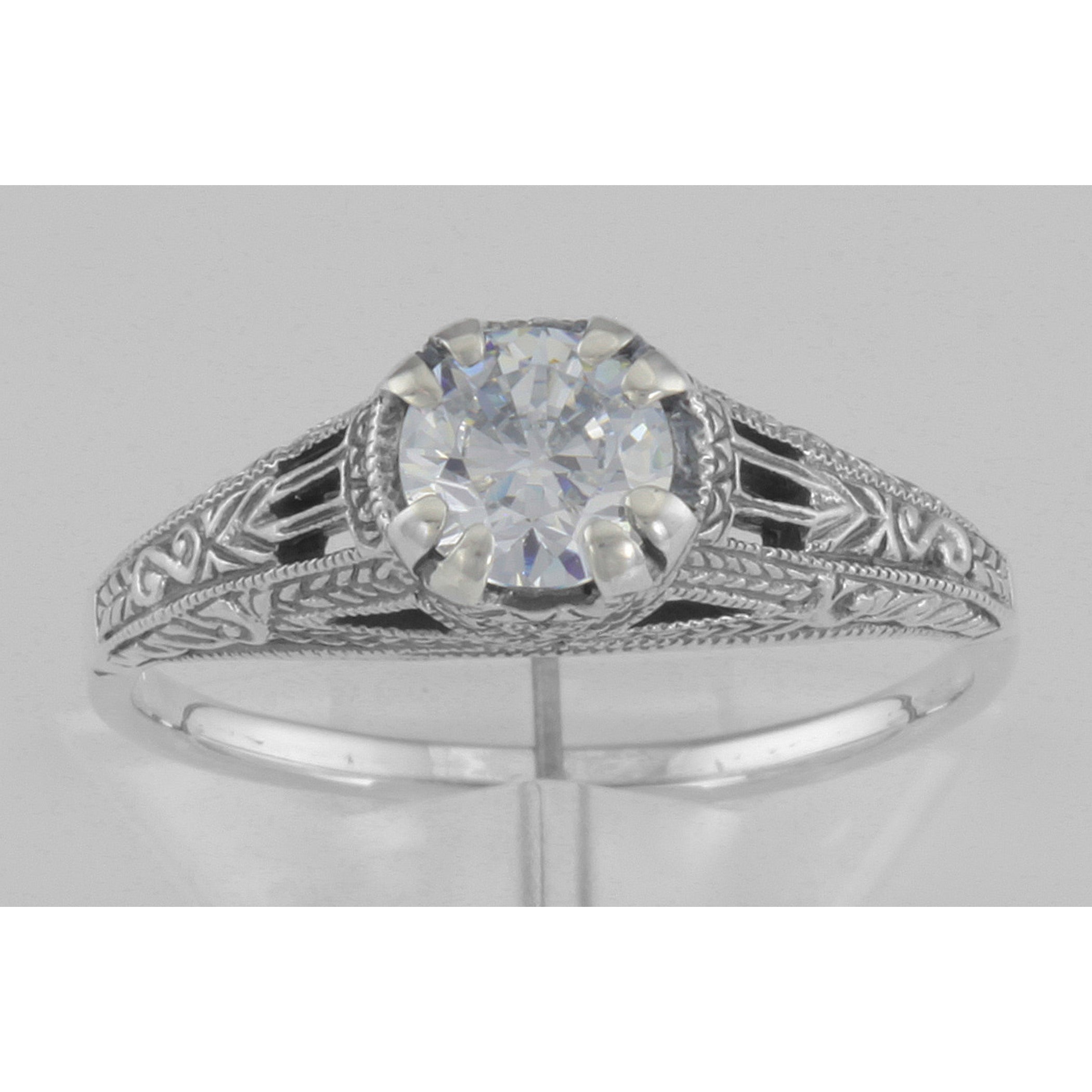 Detail view of Antique Style CZ Filigree Solitaire Ring Sterling Silver highlighting CZ